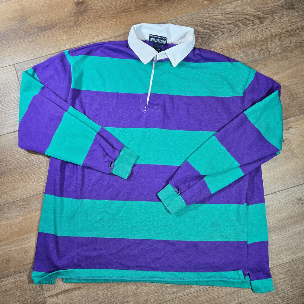Vintage 90s Rugby Polo Shirt Mens XL Purple Green Stripe Colorblock Cotton USA